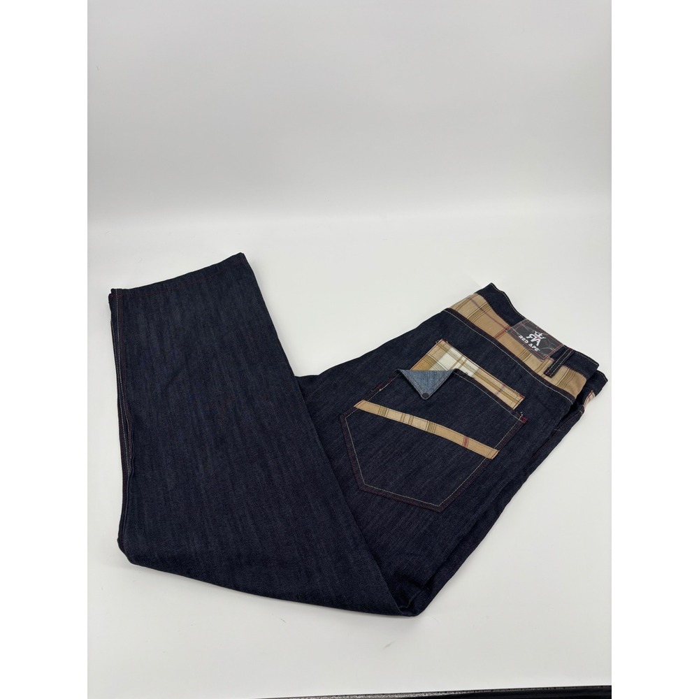 Red Ape Mens Dark Wash Plaid Trim Denim Jeans Straight Leg Embroidered Logo 38